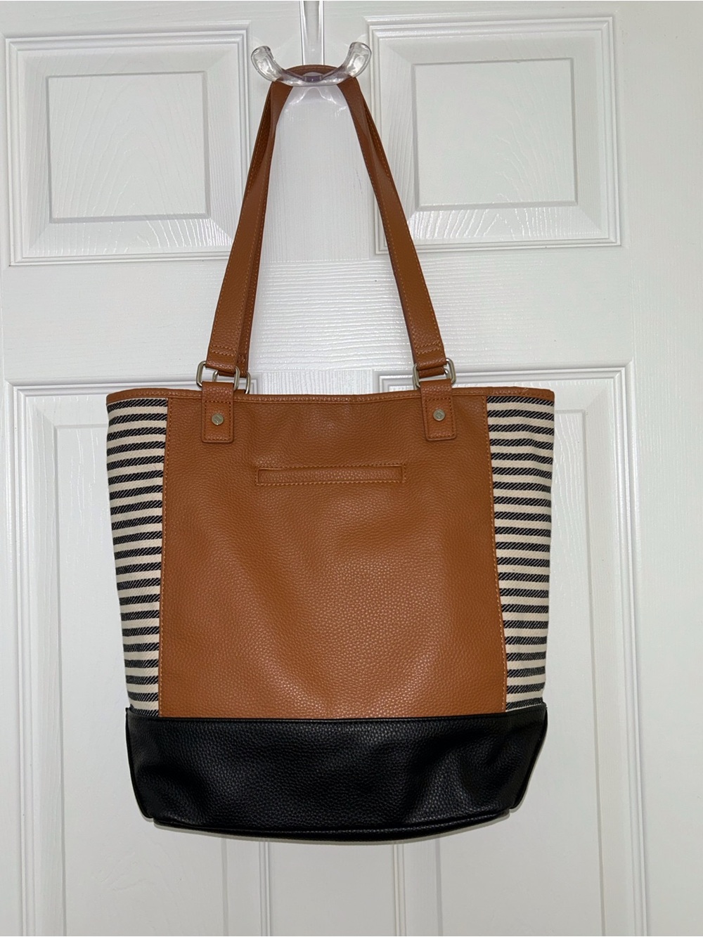 Thirty-One Colorblock Tote - Caramel Charm Pebble & Black Twill Stripe